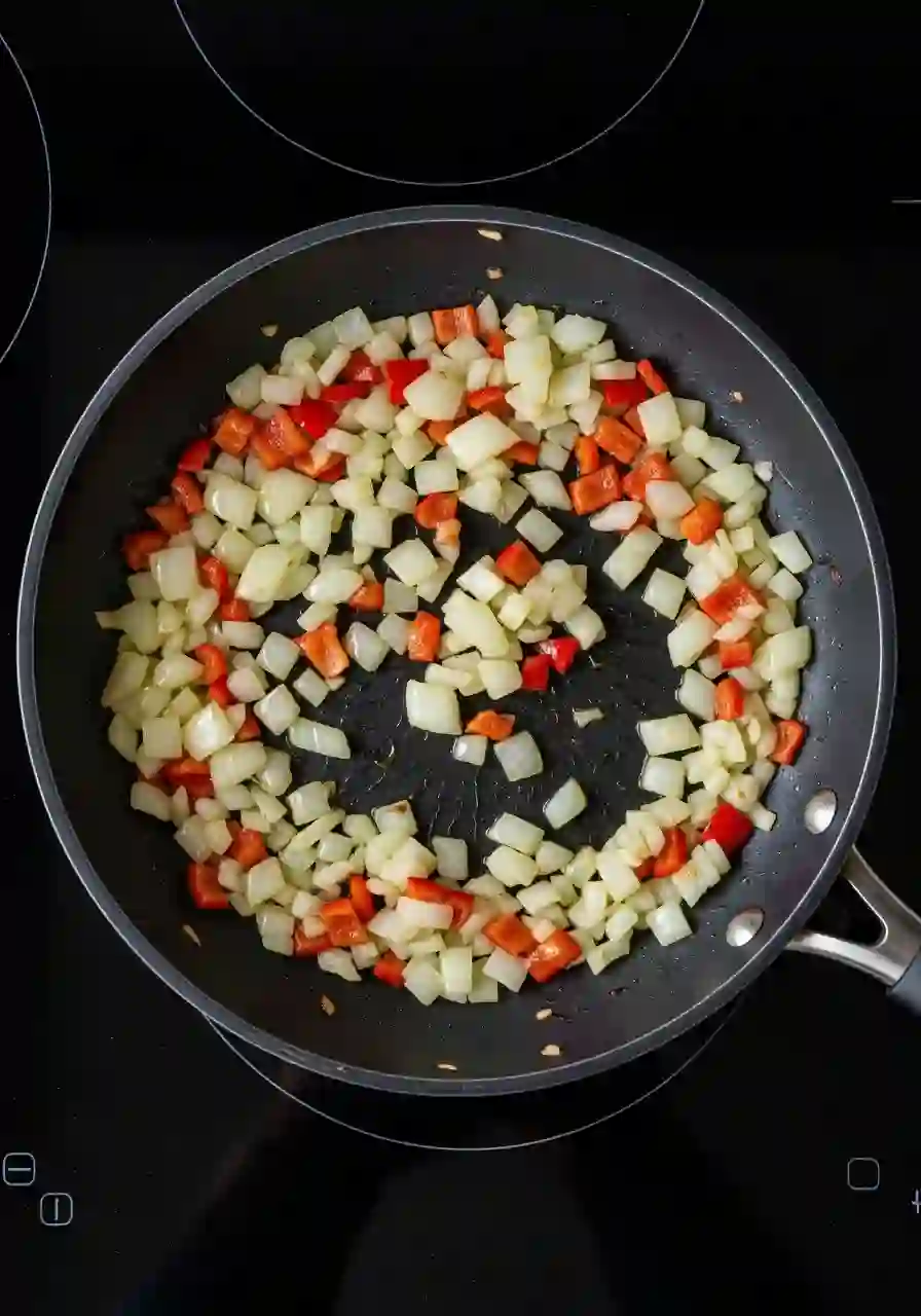 chicken-quesadilla-step-2-saute-vegetables-stovetop-no-steam_compressed Diced onions and bell peppers sautéing in a skillet on a stovetop with no visible steam
