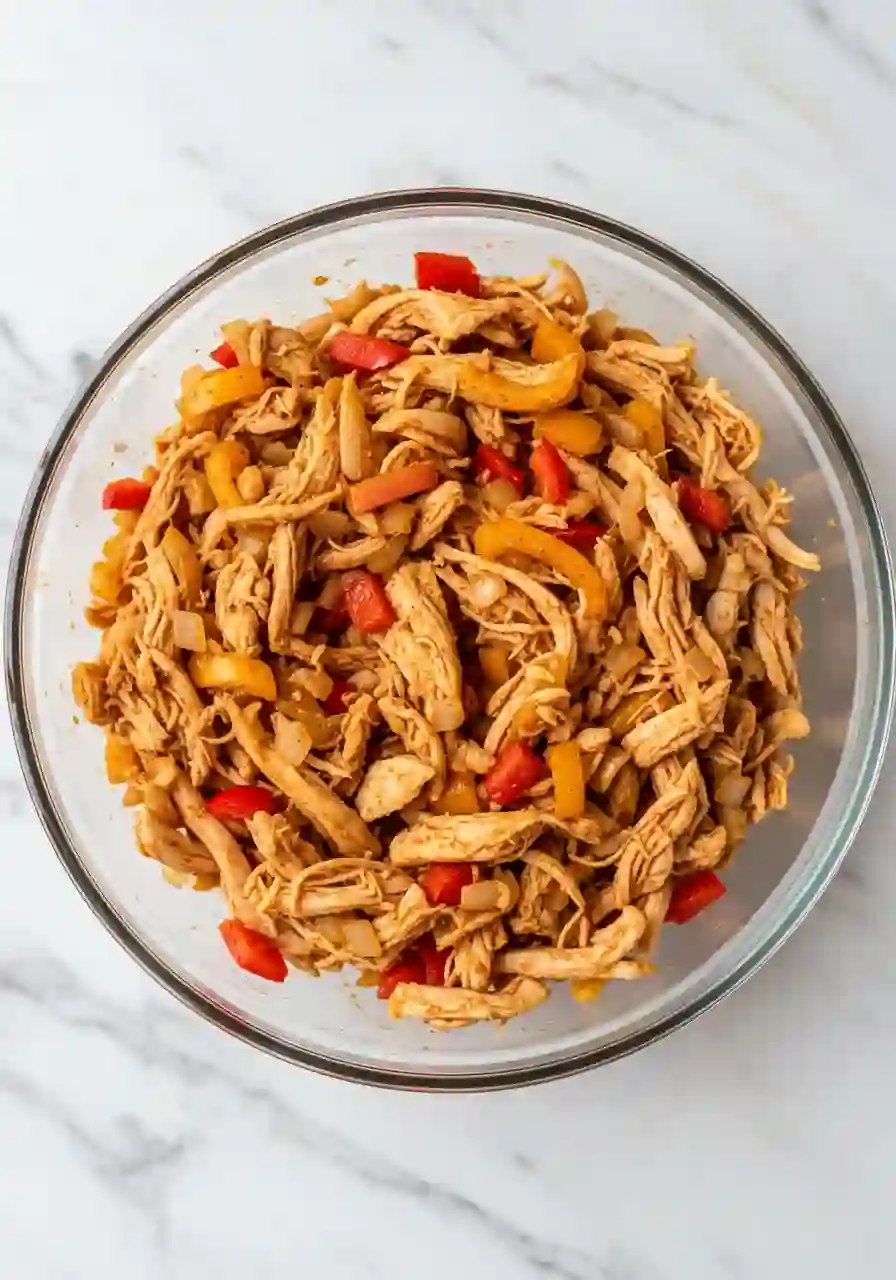 chicken-quesadilla-step-3-cooked-filling-marble-bowl._compressed Cooked chicken quesadilla filling with peppers and onions in a glass bowl on a marble background