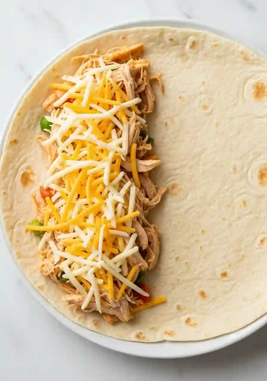 chicken-quesadilla-step-4-close-shredded-chicken._compressed Close-up of chicken quesadilla being assembled with shredded chicken and cheese