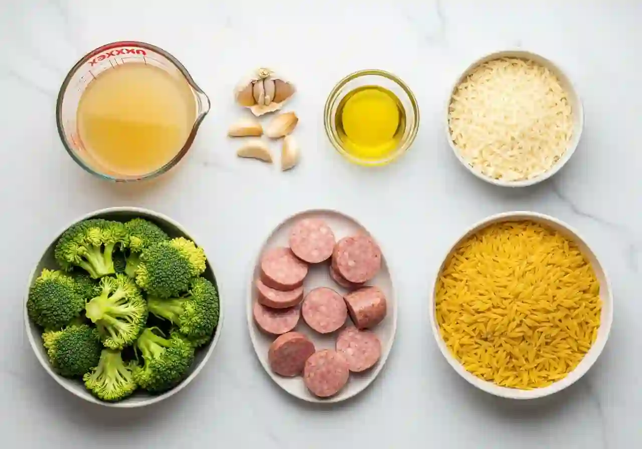 chicken-sausage-orzo-skillet-ingredients_compressed Ingredients for chicken sausage orzo skillet with broccoli arranged on a marble surface