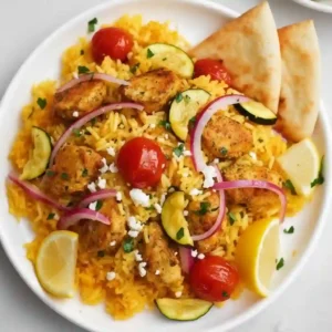 Chicken Tzatziki Casserole: An Easy Greek-Inspired One-Pan Dinner 1 Chicken tzatziki casserole with golden rice, spiced chicken, zucchini, tomatoes, feta, pickled red onions, and pita bread.