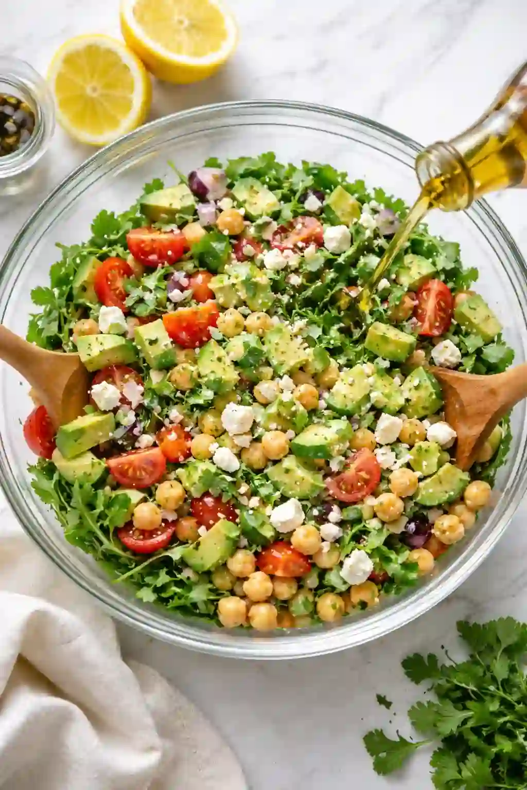 Adding lemon juice, olive oil, feta, and avocado to chickpea salad.
