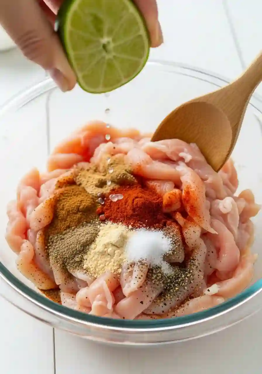 easy-chicken-fajitas-step-1-prep-chicken._compressed (1) Sliced chicken breast tossed with lime juice, oil, and fajita seasoning in a bowl