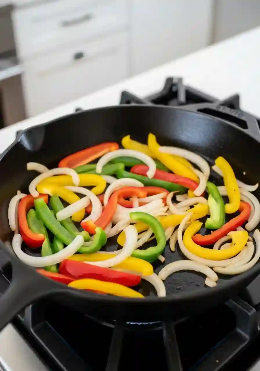 easy-chicken-fajitas-step-2-saute-veggies._compressed Close-up of bell peppers and onions cooking in a cast-iron skillet on a modern stovetop