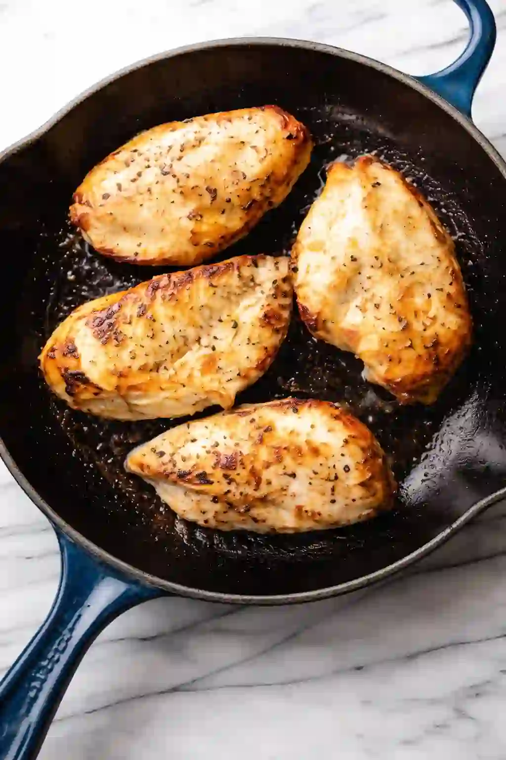 Golden-brown chicken breasts seared in a cast iron skillet on a white marble surface.