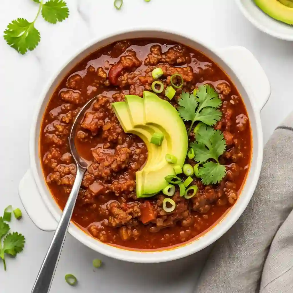 Healthy Slow Cooker Pumpkin Chili for Cozy Weeknight Dinners 7 Healthy slow cooker pumpkin chili in a white bowl with a spoon, topped with avocado and fresh herbs.