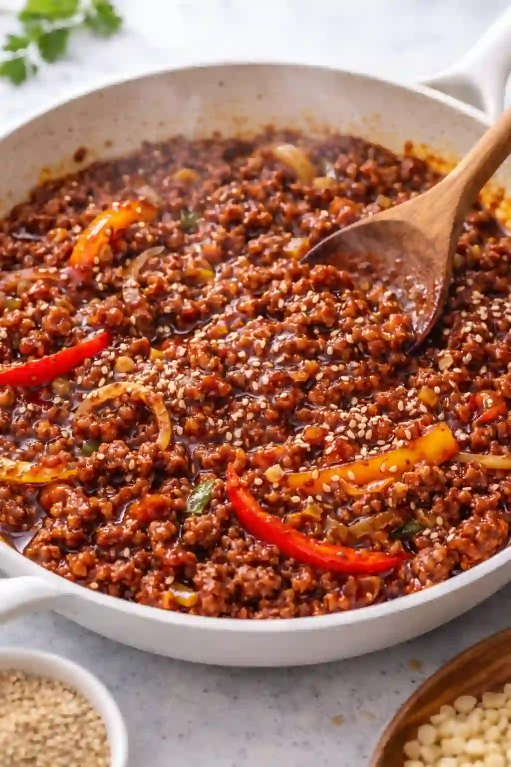 Gochujang sauce simmering and coating ground beef in a skillet