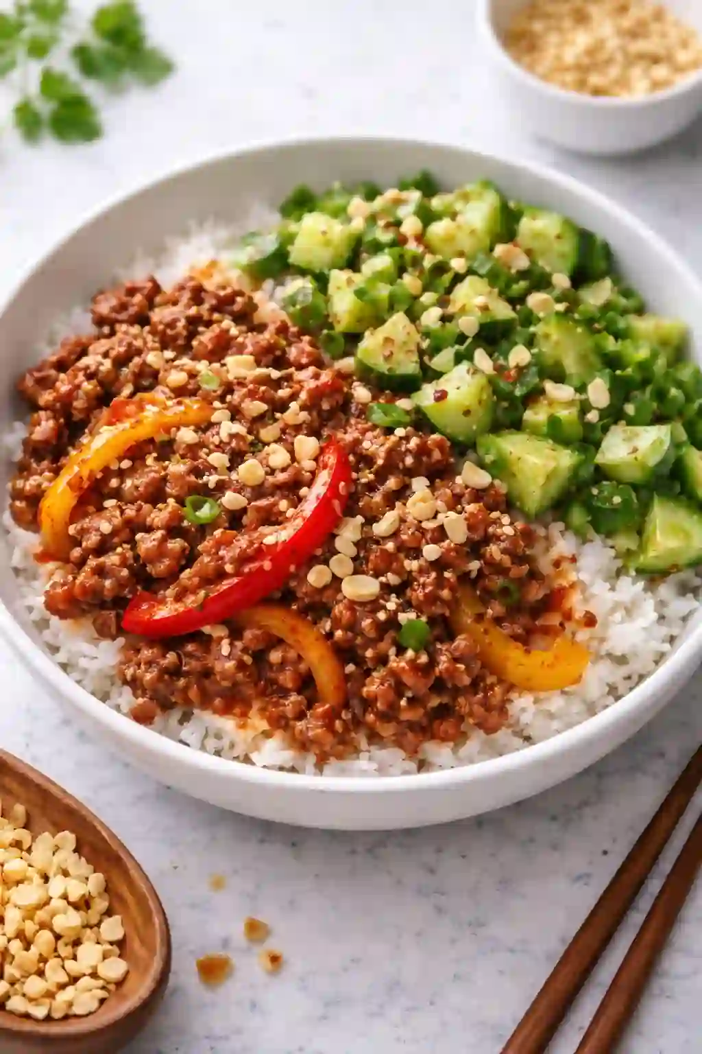 Korean gochujang beef bowl with rice, cucumber salad, and peanuts