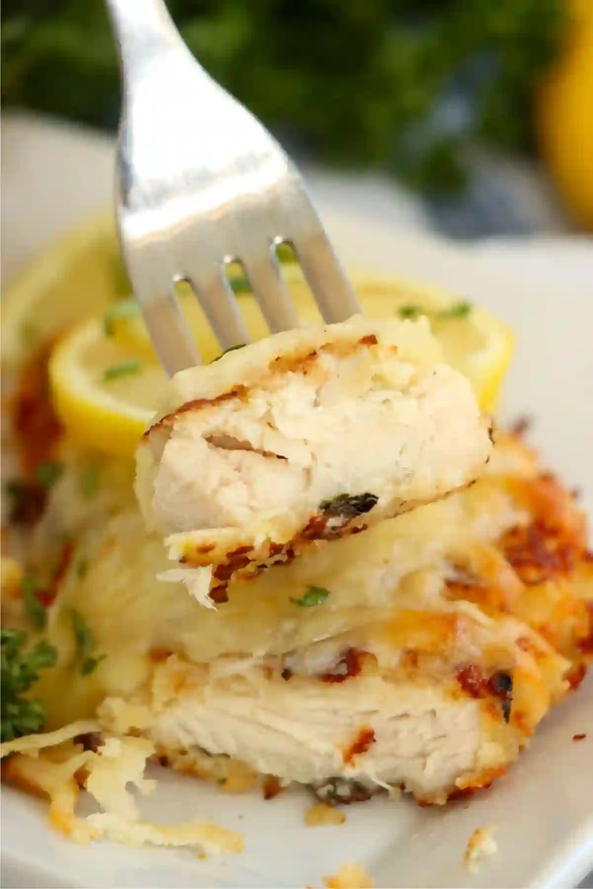 lemon-chicken-romano-fork-bite._compressed Fork lifting a juicy slice of Lemon Chicken Romano showing crispy crust and melted cheese