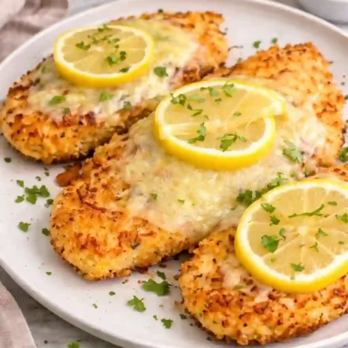 Lemon Chicken Romano (Crispy, Cheesy, Restaurant-Style) 1 Lemon Chicken Romano served on a modern white plate with melted cheese and lemon slices