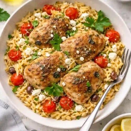 One-Pan Mediterranean Chicken and Orzo (Sweet & Spicy Twist) | Ready in 45 Mins 1 Mediterranean chicken and orzo with cherry tomatoes, feta, and herbs