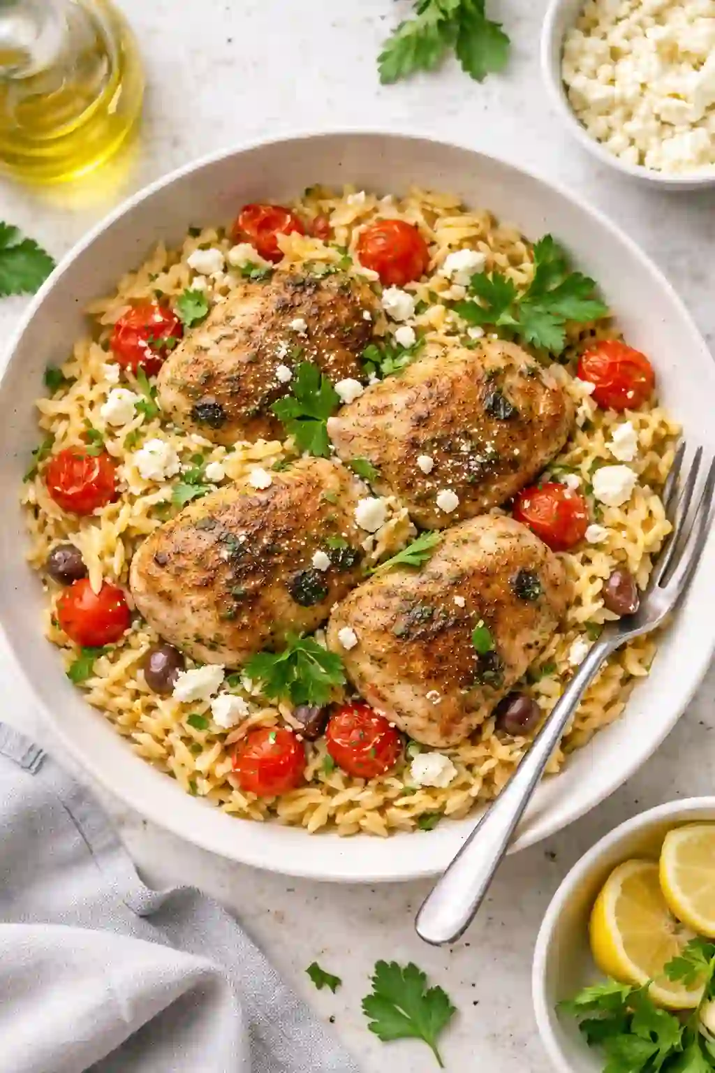 One-Pan Mediterranean Chicken and Orzo (Sweet & Spicy Twist) | Ready in 45 Mins 13 Mediterranean chicken and orzo with cherry tomatoes, feta, and herbs