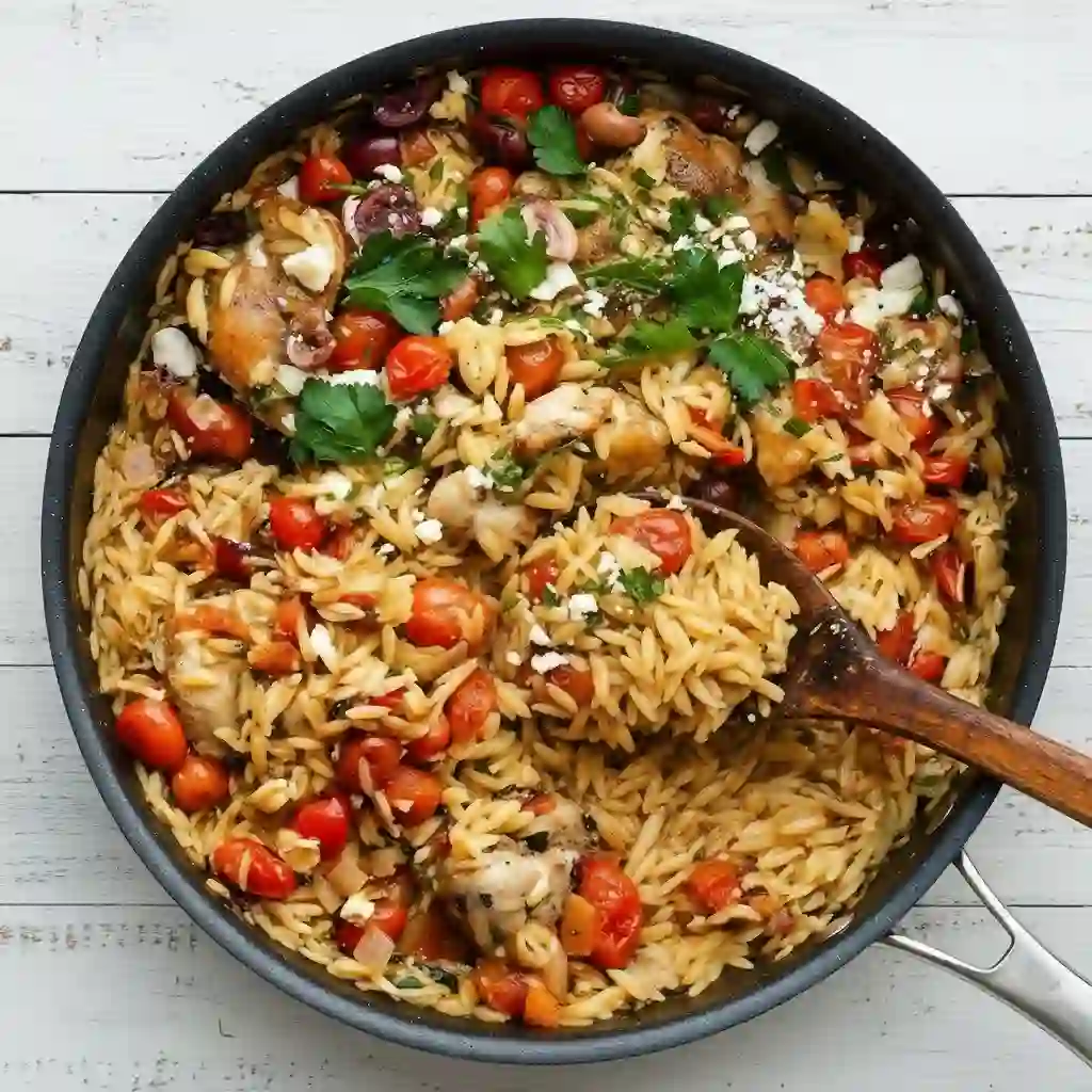 mediterranean-chicken-orzo-finish-serve._compressed Mediterranean chicken and orzo finished with feta, parsley, and olives