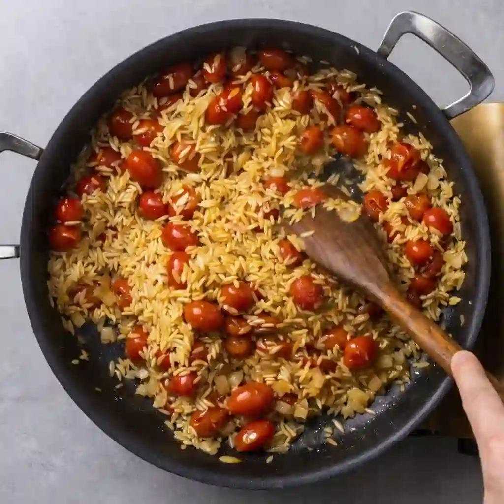 mediterranean-chicken-orzo-step-3-toast-orzo._compressed Orzo pasta toasting with cherry tomatoes and onions in a skillet