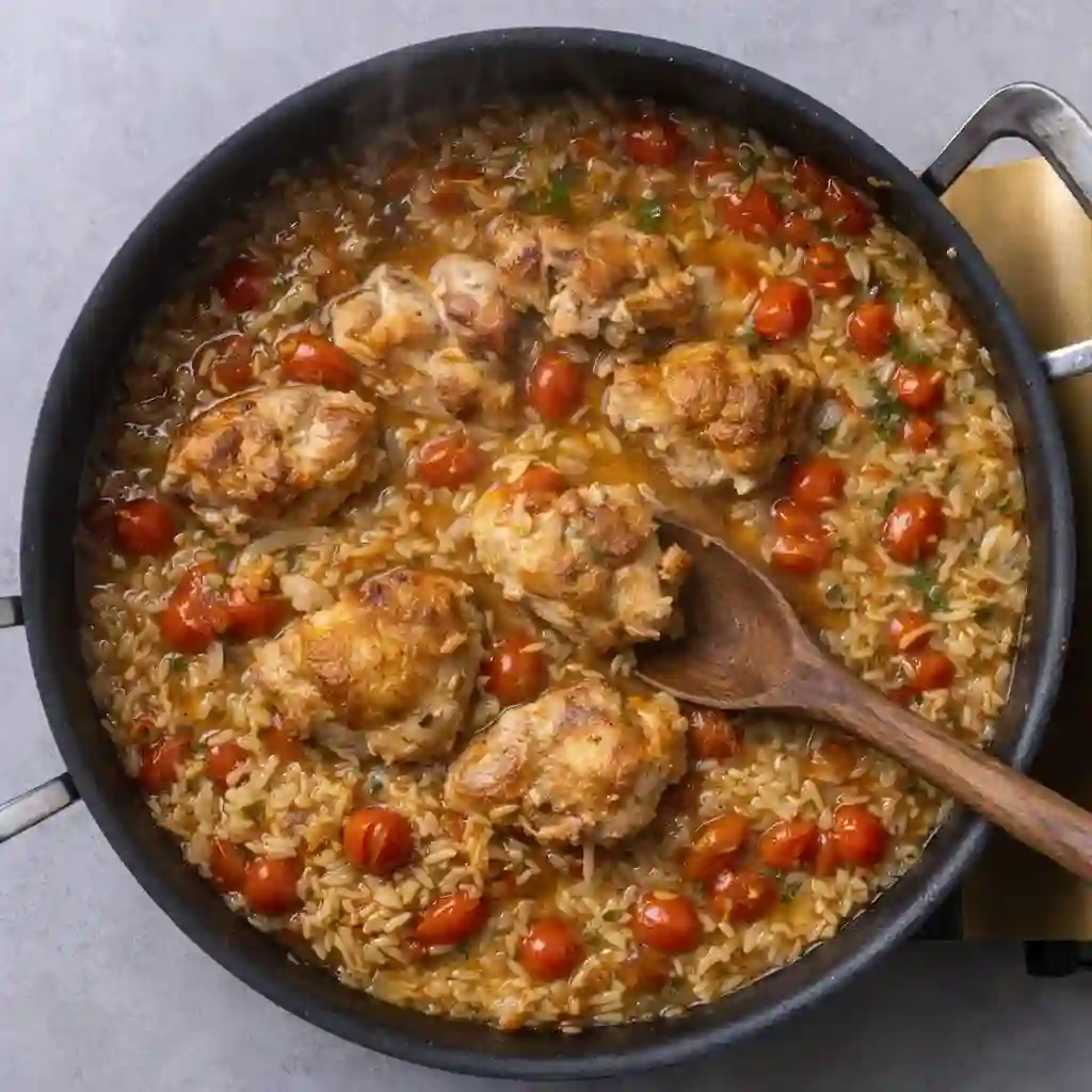 mediterranean-chicken-orzo-step-4-simmer._compressed Chicken thighs simmering with orzo and cherry tomatoes in a skillet