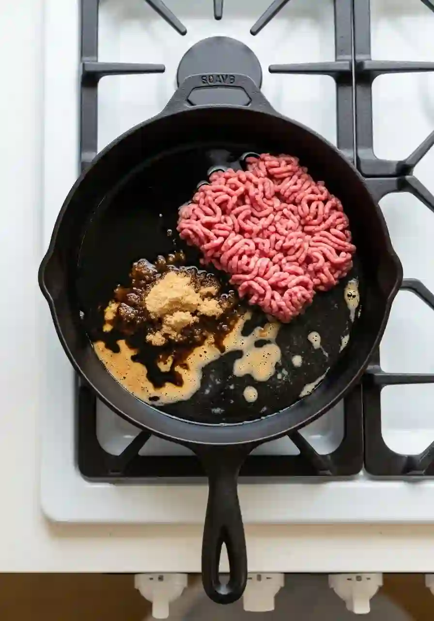Overhead view of raw ground beef with soy sauce, water, and brown sugar in skillet