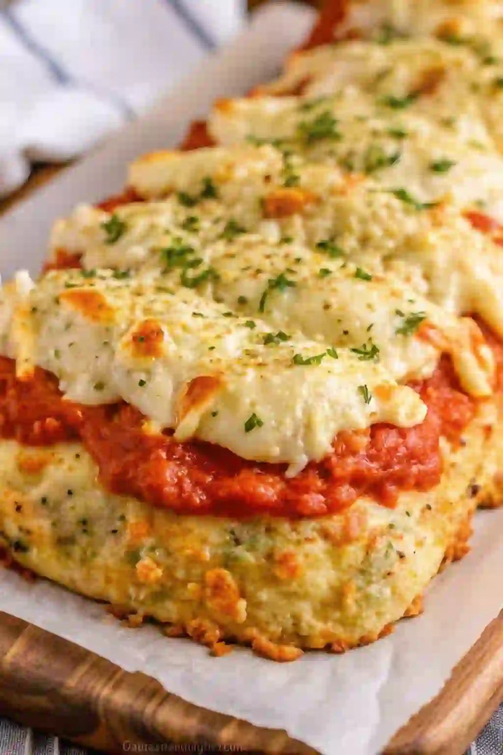 Slice of parmesan chicken meatloaf topped with marinara and melted mozzarella