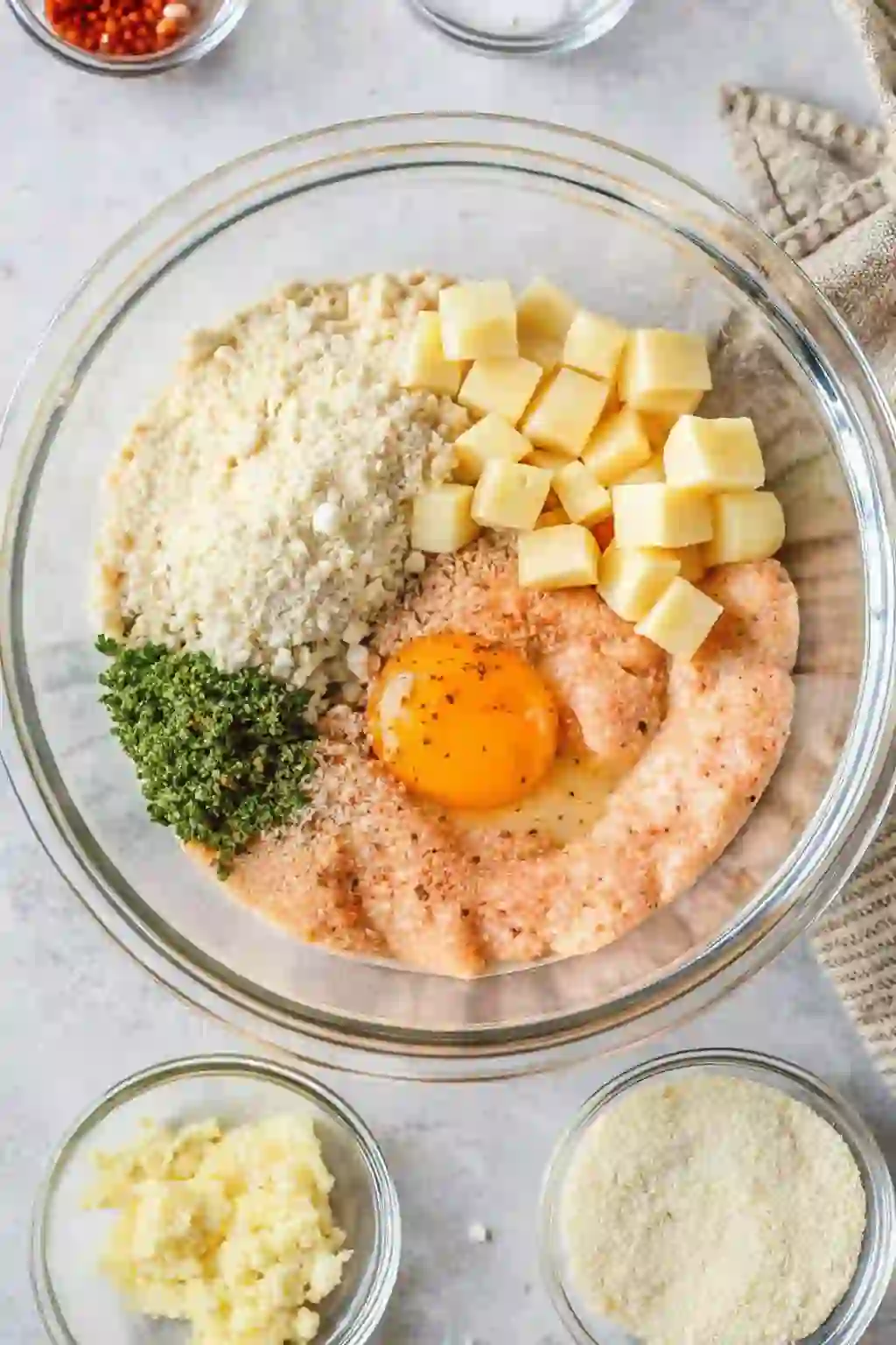 Ground chicken meatloaf ingredients combined in a glass bowl before mixing