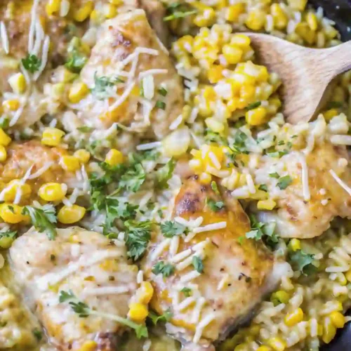 Salsa verde chicken and rice skillet with corn, melted cheese, and fresh herbs.
