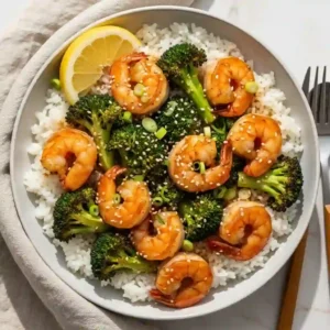 Sheet Pan Honey Garlic Shrimp and Broccoli for Busy Weeknights 1 Sheet pan honey garlic shrimp and broccoli served over rice with sesame seeds