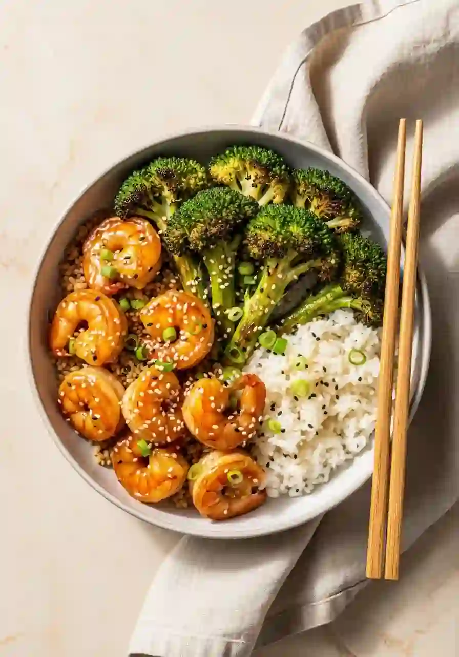 sheet-pan-honey-garlic-shrimp-and-broccoli-overhead-serve_compressed Honey garlic shrimp and broccoli served over rice with sesame seeds and green onions