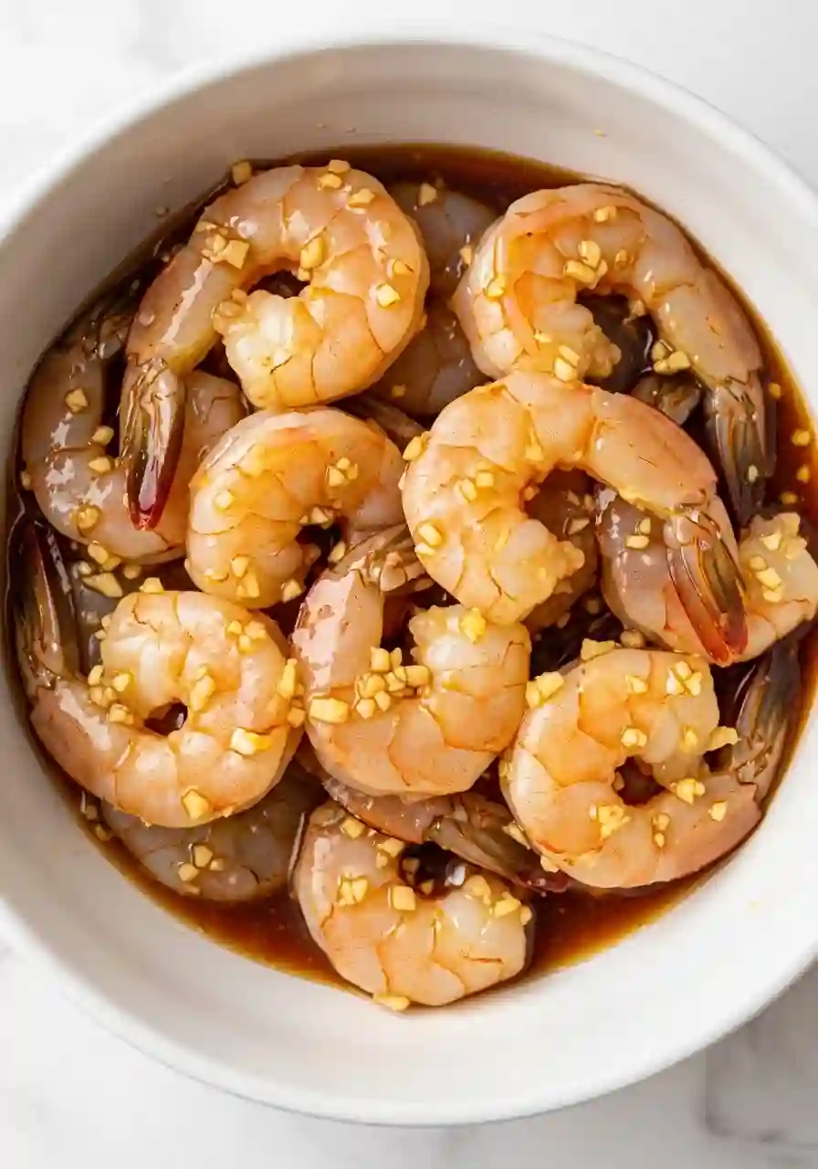 sheet-pan-honey-garlic-shrimp-step-3-marinate-shrimp_compressed (1) Shrimp marinating in honey garlic sauce in a bowl