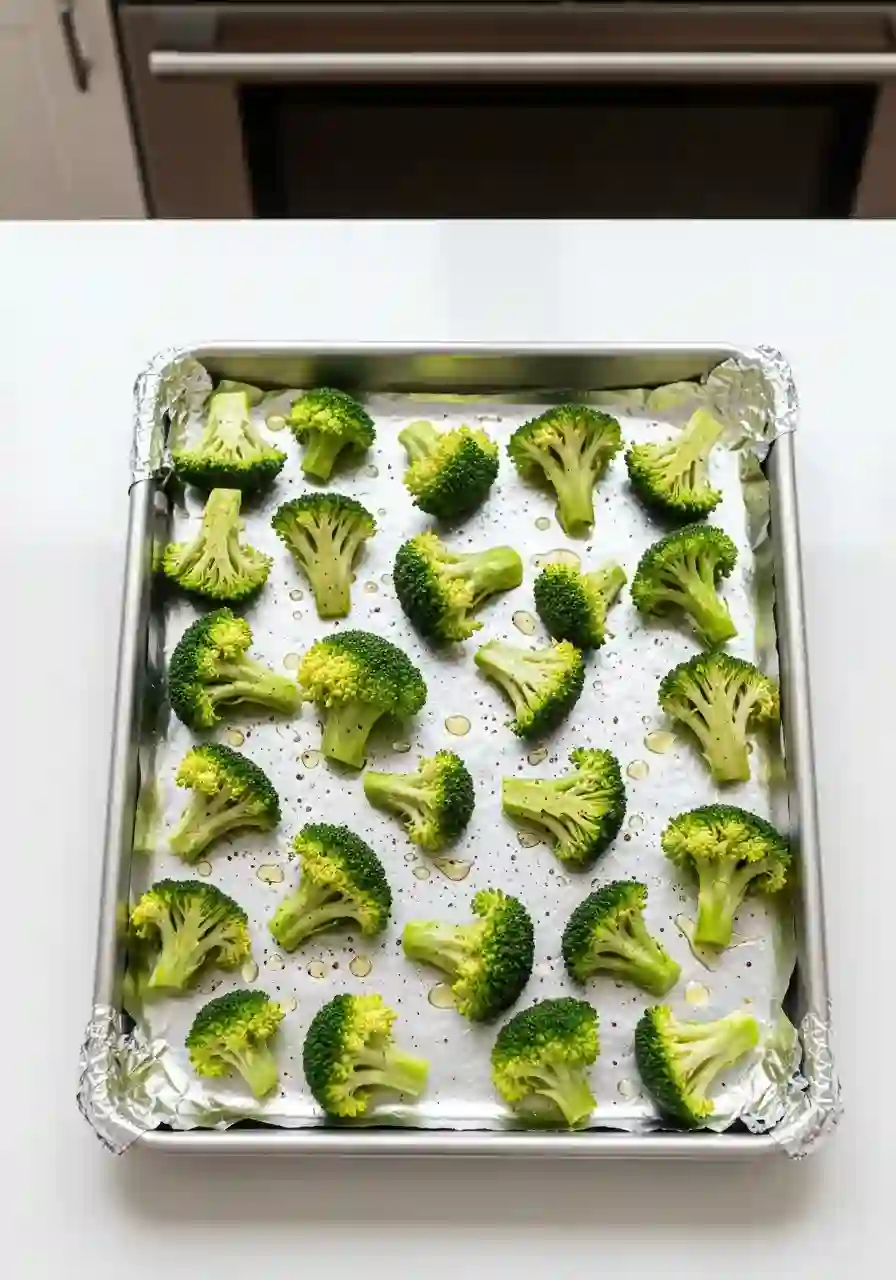 sheet-pan-honey-garlic-shrimp-step-3-roast-broccoli_compressed Broccoli florets roasting on a sheet pan with olive oil and seasoning