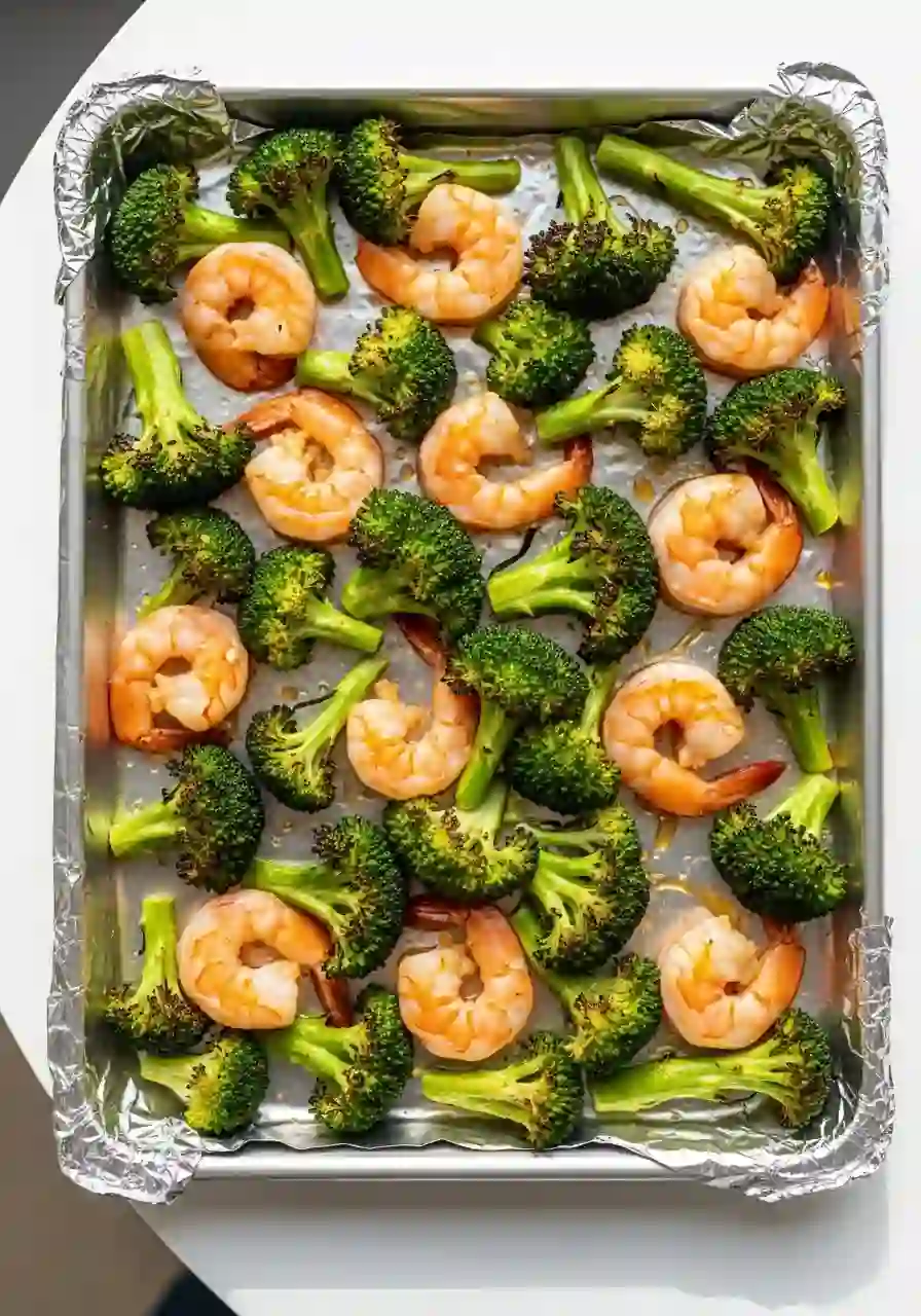 sheet-pan-honey-garlic-shrimp-step-4-add-shrimp_compressed Shrimp added to broccoli on a sheet pan before baking