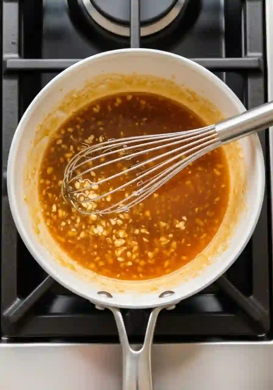 sheet-pan-honey-garlic-shrimp-step-5-thicken-glaze-stovetop_compressed (1) Honey garlic sauce thickening in a saucepan on the stovetop with a whisk
