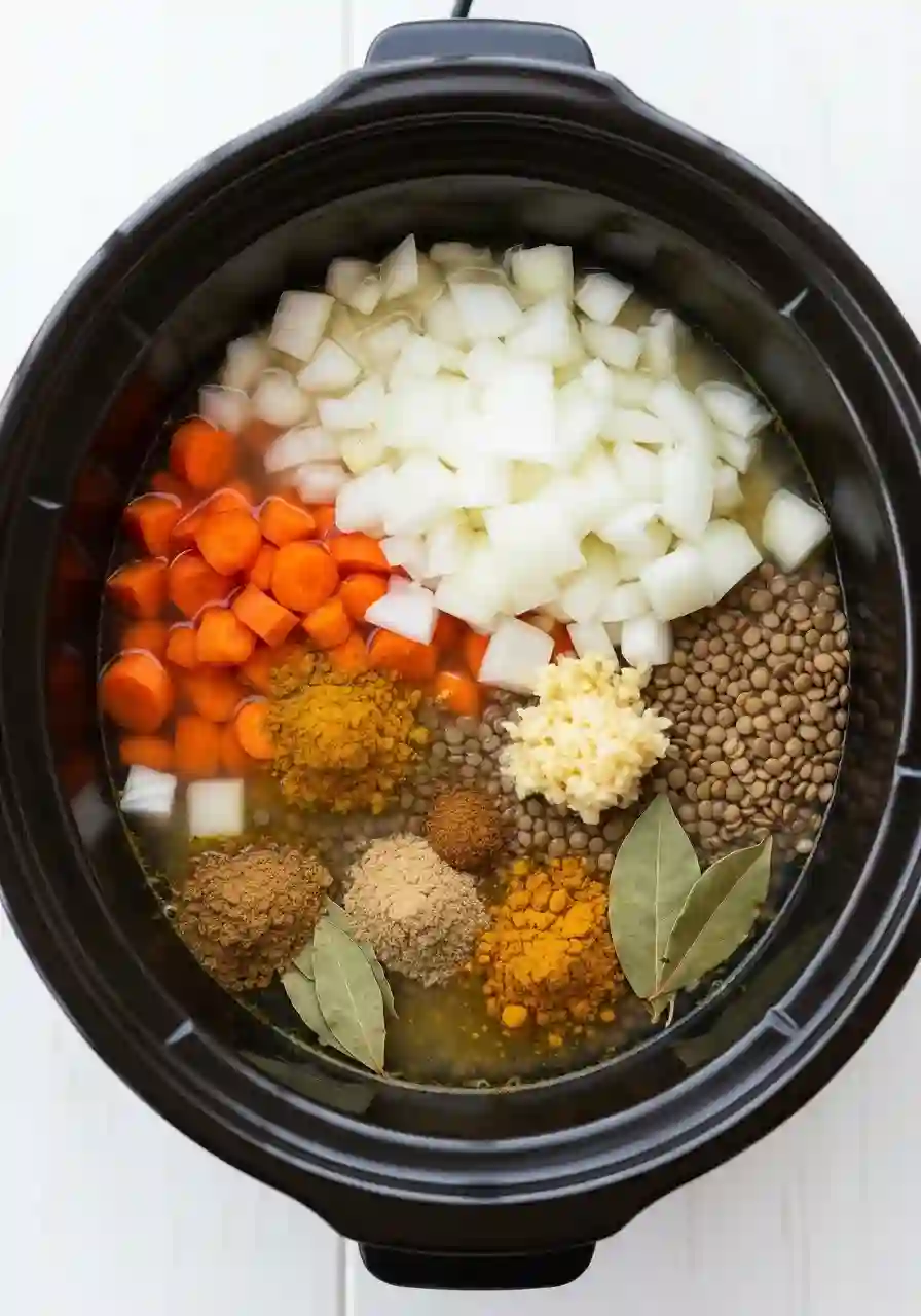slow-cooker-curried-lentil-soup-step-1._compressed (1) Chopped onions, carrots, garlic, lentils, curry spices, and bay leaves layered in a slow cooker before cooking.