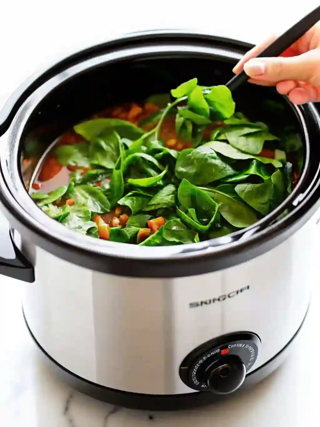 slow-cooker-curried-lentil-soup-step-2._compressed Fresh spinach being stirred into a slow cooker filled with curried lentil soup.