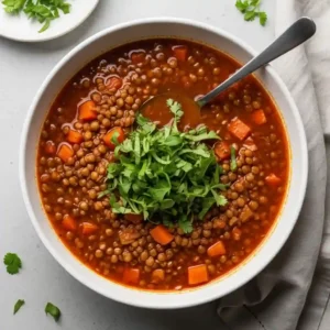 Slow Cooker Curried Lentil Soup (Easy Dump-and-Go Recipe) 1 Overhead view of a large bowl of slow cooker curried lentil soup with fresh herbs
