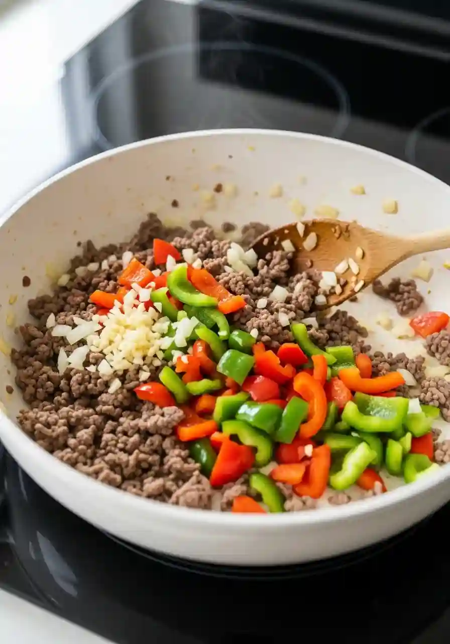 Ground beef sautéing with onions, bell peppers, and garlic in a white skillet on the stovetop.