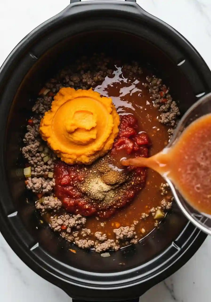 Overhead view of pumpkin purée, spices, and beef broth being added to chili in a slow cooker.