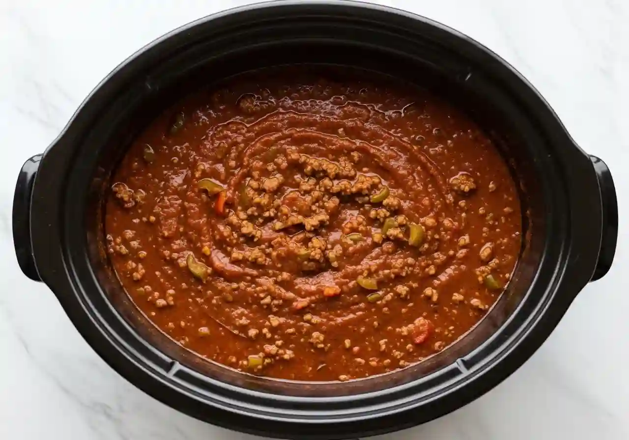 Finished slow cooker pumpkin chili ready to serve.