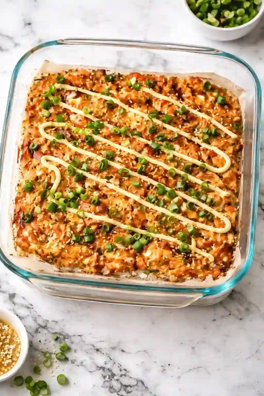 Spicy salmon sushi bake topped with green onions and spicy mayo in a glass baking dish