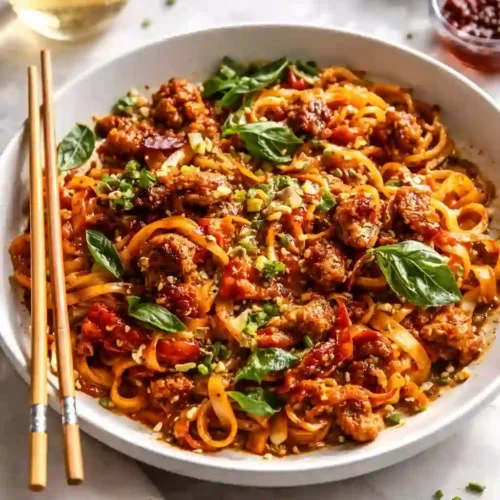 Sticky garlic chicken noodles with crispy chicken in a glossy sweet-savory sauce.