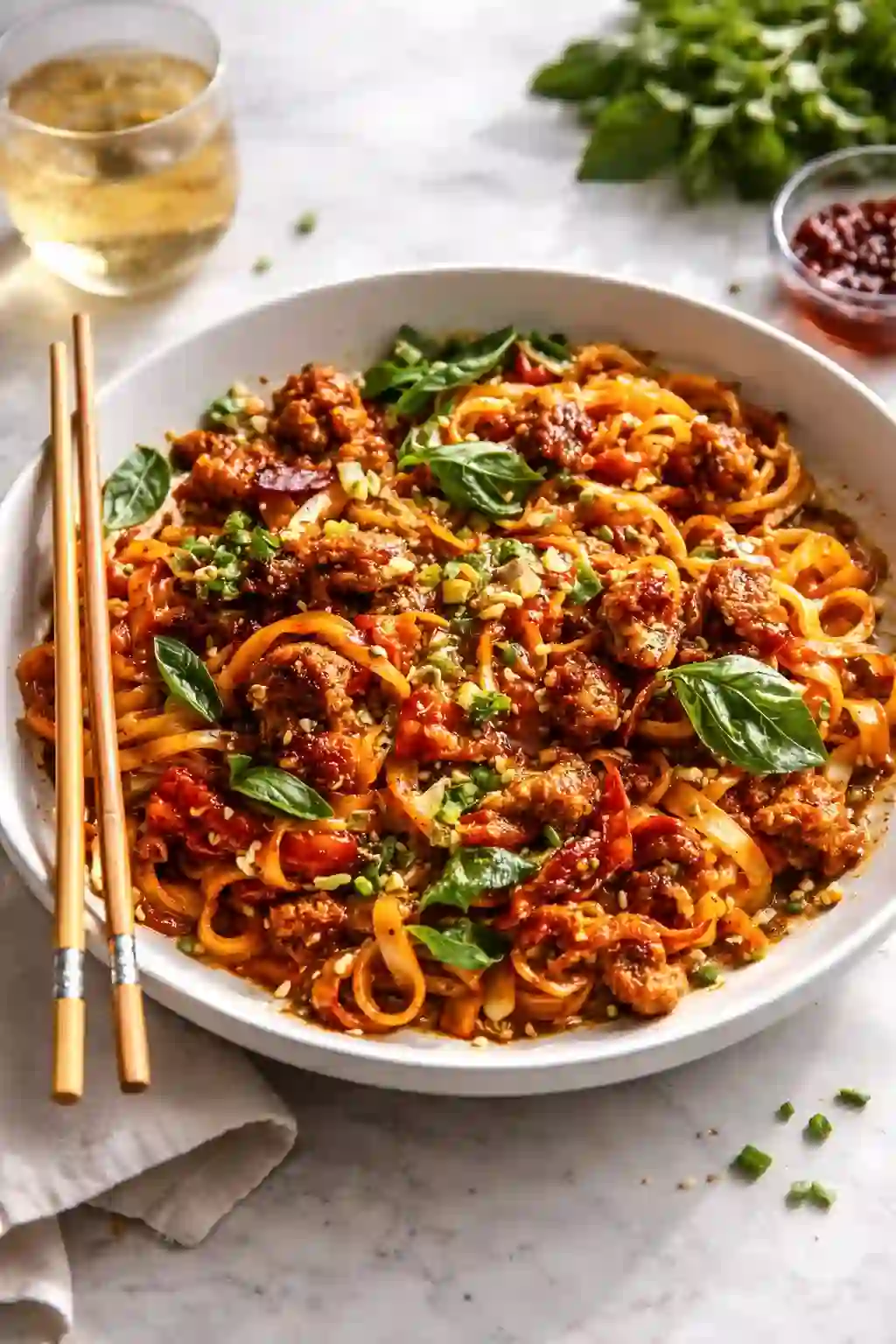 Sticky garlic chicken noodles with crispy chicken in a glossy sweet-savory sauce.