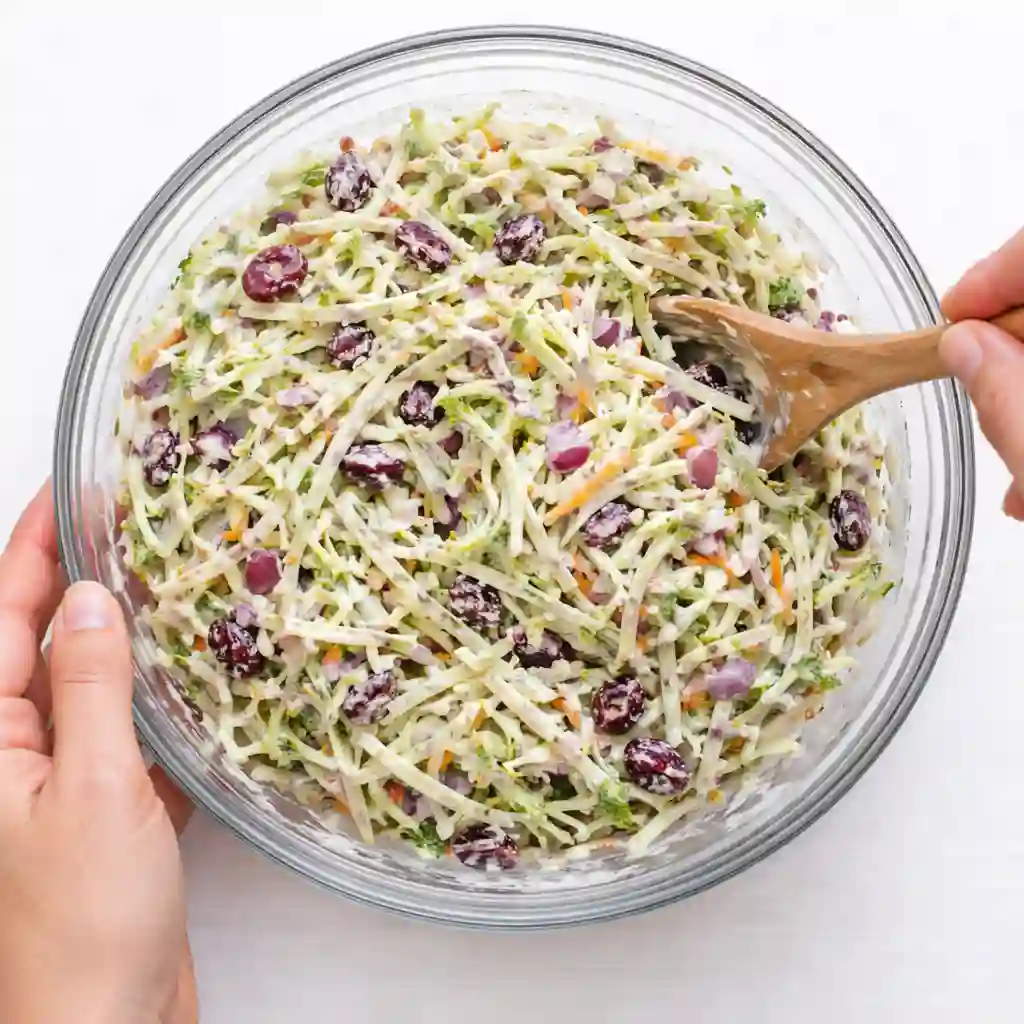 Mixing creamy ranch broccoli slaw in a glass bowl on a white table