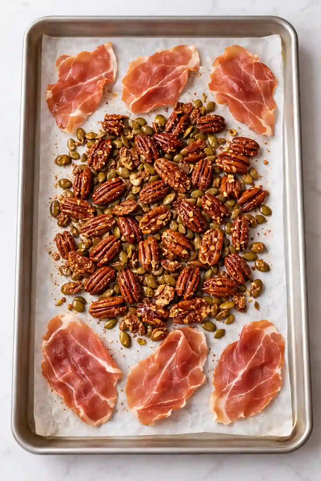 Maple-coated pecans and pumpkin seeds with prosciutto on parchment-lined baking sheet
