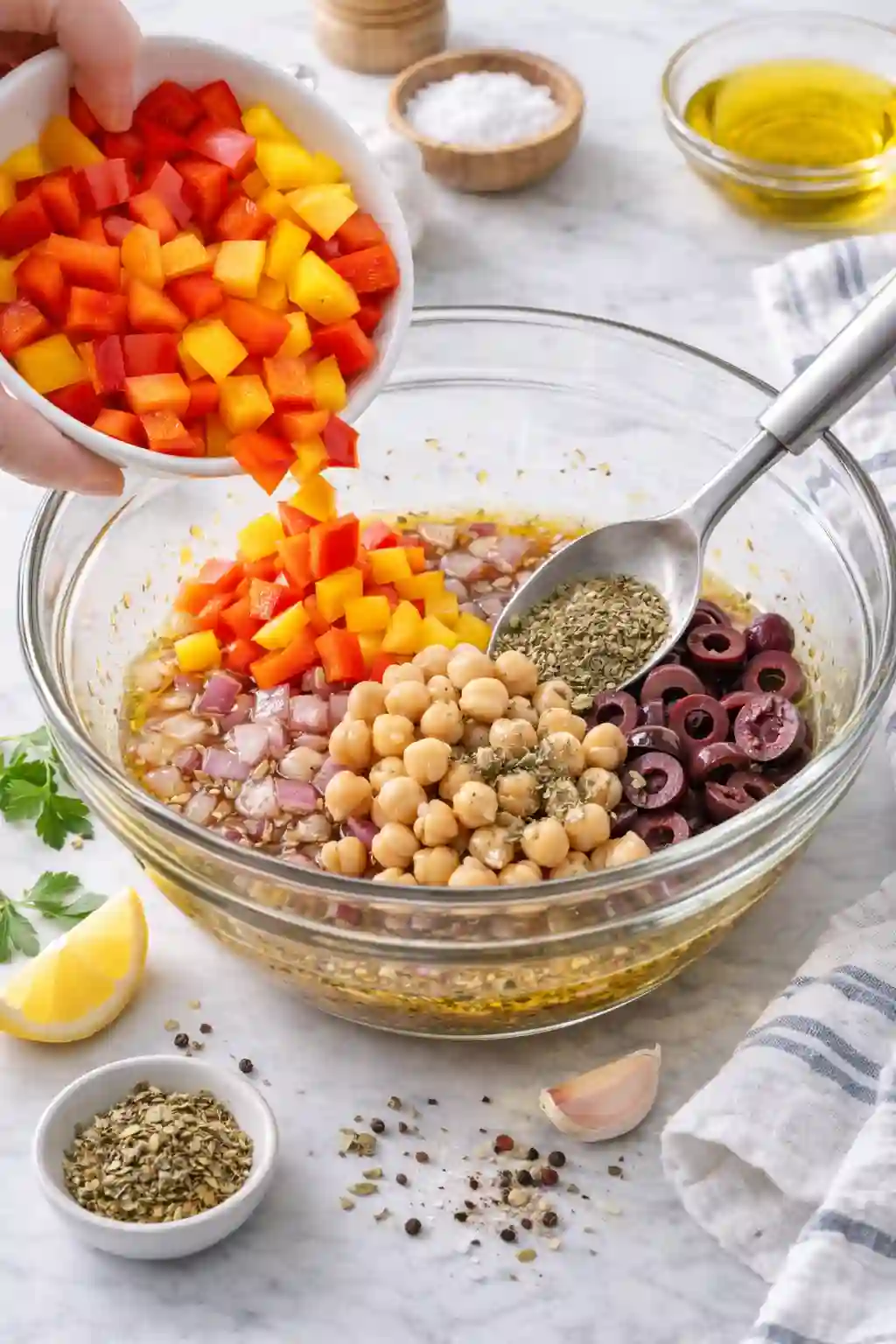 Bell peppers, chickpeas, and kalamata olives being added to marinated onions in a glass bowl