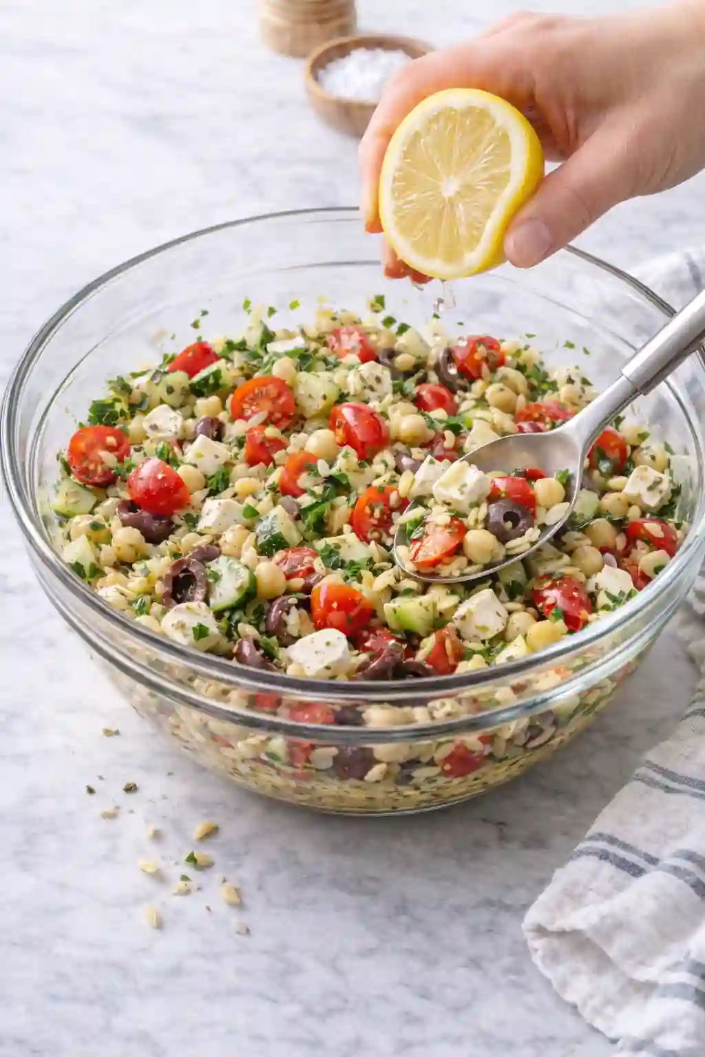 Squeezing fresh lemon over Greek pasta salad before serving