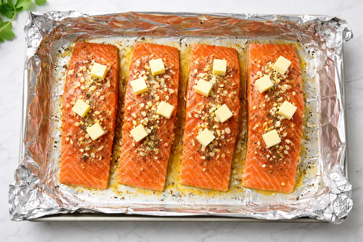 Raw salmon fillets seasoned with garlic, lemon, butter, and herbs on foil