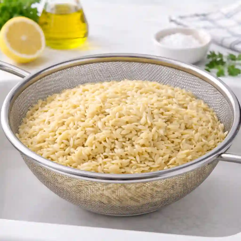 Cooked orzo pasta draining in a strainer for Greek Veggie Pasta Salad With Feta