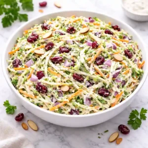 Creamy Ranch Broccoli Slaw in a white bowl with cranberries and toasted almonds