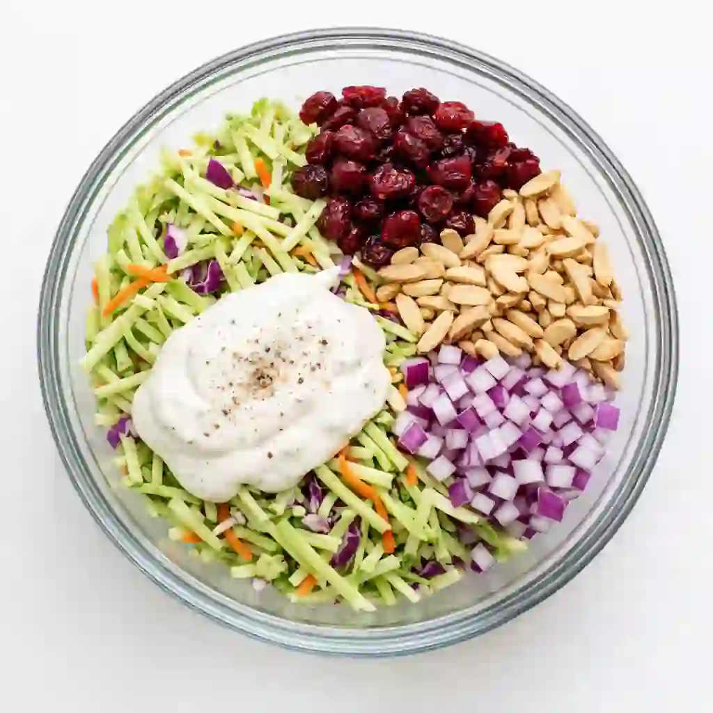 Broccoli slaw ingredients in a glass bowl with ranch dressing on a white table
