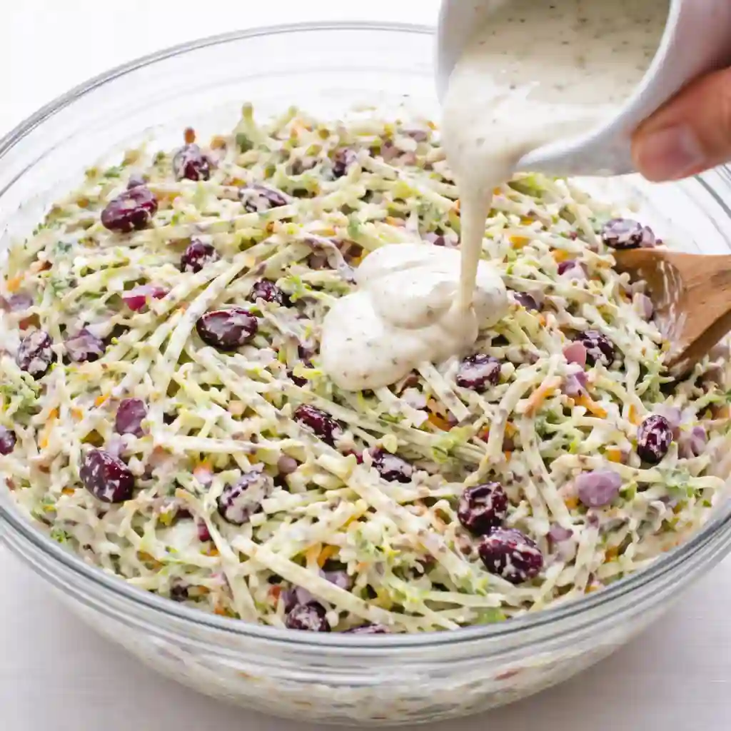 Adding extra ranch dressing to broccoli slaw in a glass bowl