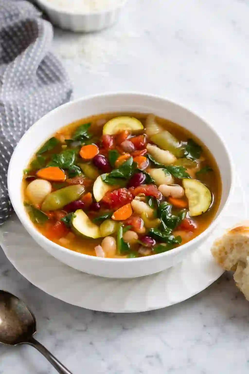 Crockpot Minestrone Soup (Olive Garden Copycat You’ll Make on Repeat) 6 Crockpot minestrone soup with vegetables, beans, and pasta served in a white bowl.