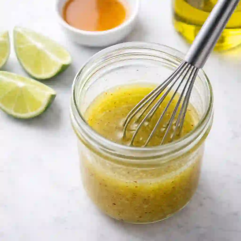 easy-cilantro-lime-slaw-step-2._compressed (1) Lime dressing being whisked in a small bowl on a white table