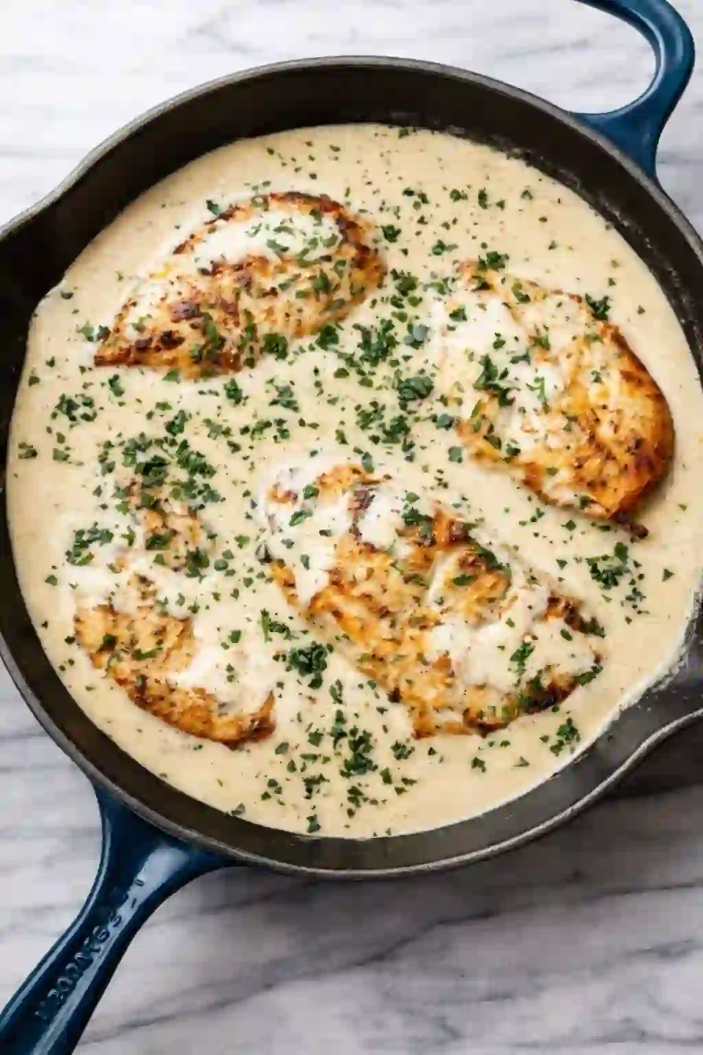 Garlic Parmesan chicken simmering in a creamy sauce with fresh parsley in a skillet.